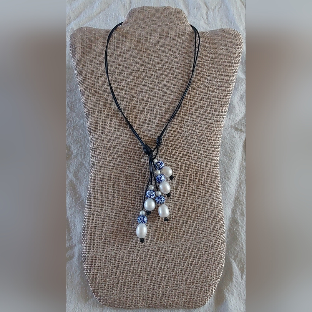 Handmade White Pearl & Blue/White Bead And Black Leather 2-Way Necklace